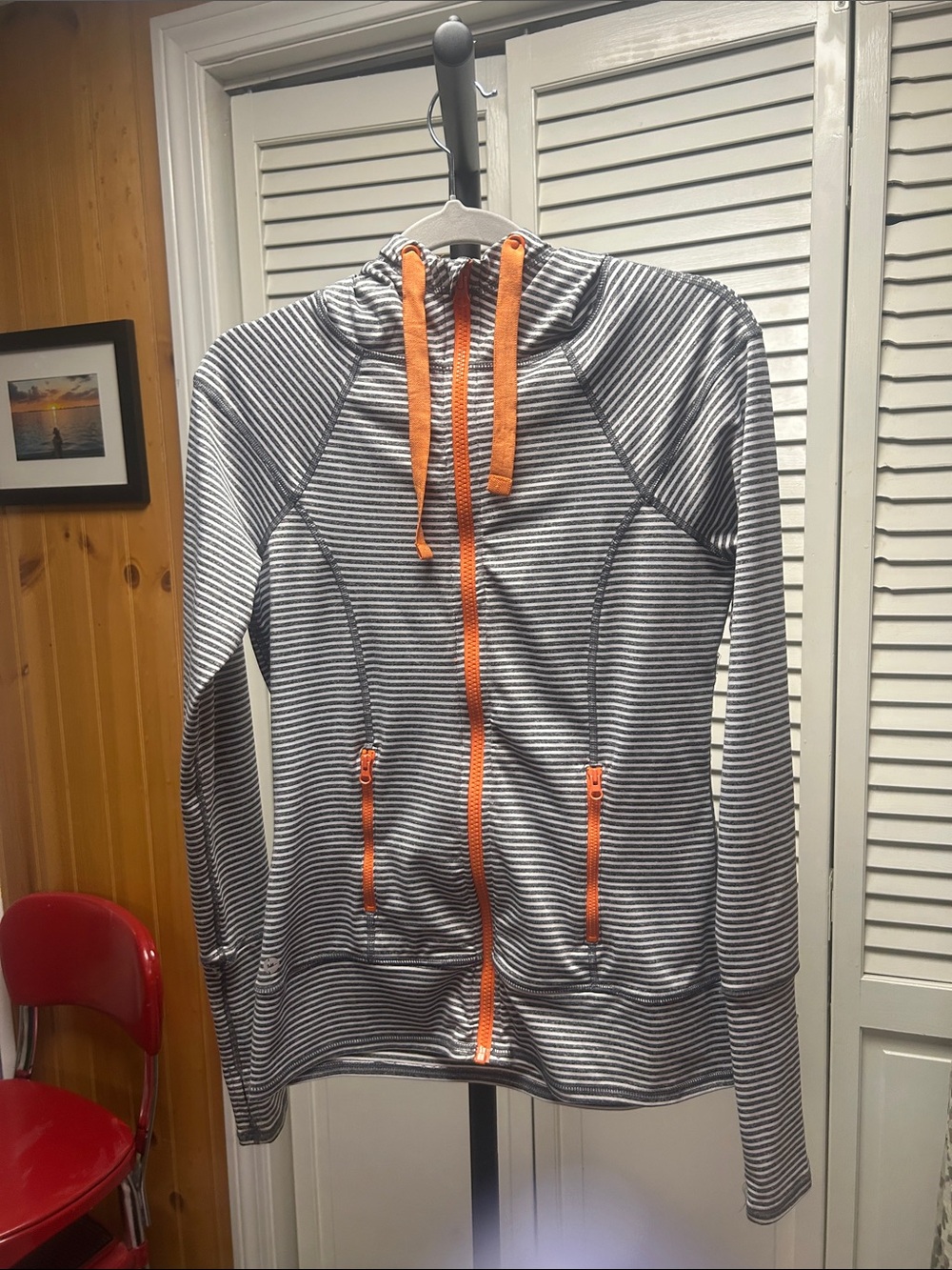 Women’s Striped Zip-Up Hoodie with Orange Accents